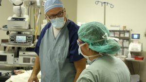 A student in scrubs speaks to a doctor